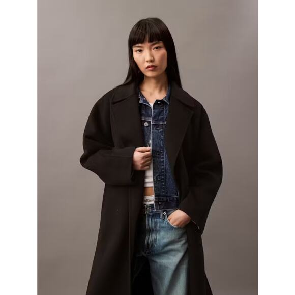 CALVIN KLEIN Wool Blend Wrap Coat Black Sz L NWT $669 - Picture 6 of 6